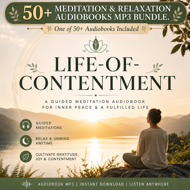 Life of Contentment guided meditation audiobook included in a 50+ Meditation & Relaxation Audiobooks MP3 Bundle. Meditation audio for inner peace, gratitude, mindfulness, emotional wellness, relaxation, personal growth, joy, contentment, and a balanced life. Digital MP3 download.
Guided meditation audio for inner peace, gratitude, mindfulness, relaxation, and emotional well-being.
The audiobook highlights guided meditations, relaxation, mindfulness, and cultivating joy and contentment.