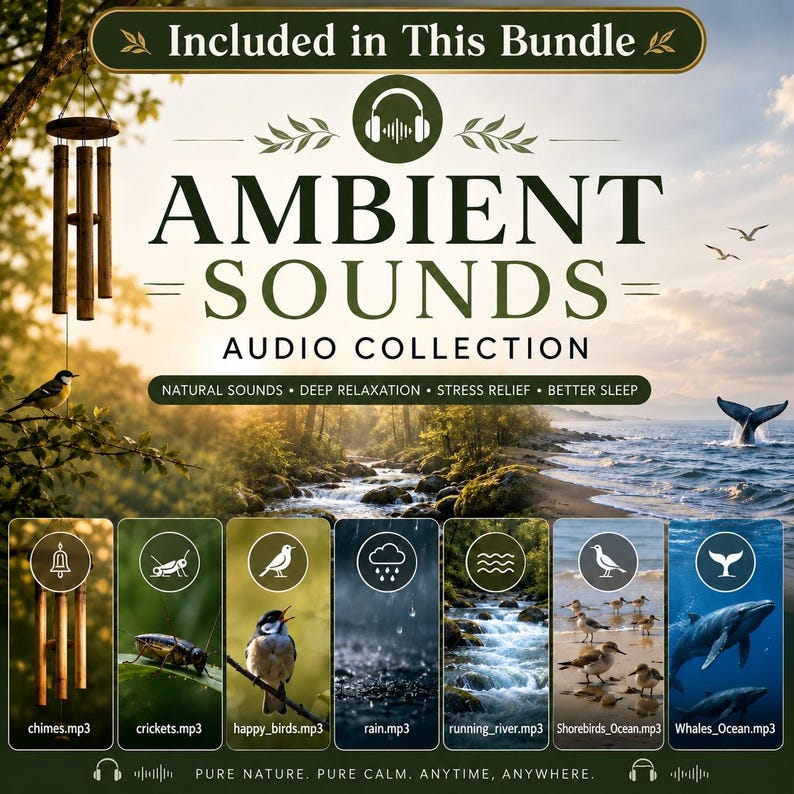 Ambient Sounds Audio Collection audiobook included in a 50+ Meditation & Relaxation Audiobooks MP3 Bundle. Nature sounds for meditation, deep relaxation, stress relief, mindfulness, sleep improvement.
Mockup of a featured audiobook included in a 50+ Meditation & Relaxation Audiobooks MP3 Bundle. The image showcases the "Ambient Sounds Audio Collection" audiobook cover displayed in a 3D product box, featuring nature sound such as wind chimes, crickets, birds, rain, rivers, shorebirds, and whales