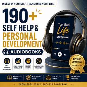 Könnte beinhalten: Werbung für Selbsthilfe-Hörbücher. Das Bild zeigt ein Smartphone mit der Aufschrift "Your Best Life Starts Here" neben Kopfhörern. Der Text enthält "190+ Self Help & Personal Development Audiobooks" und Symbole, die die wichtigsten Vorteile darstellen. Ein goldenes Siegel lautet "Sofortiger Download, lebenslanger Zugriff."
