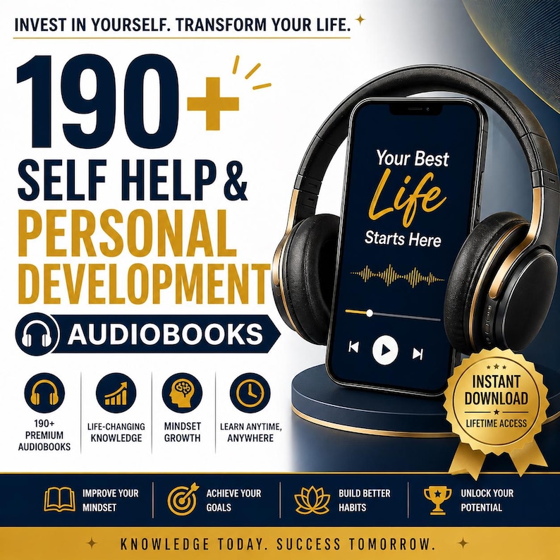 190+ self help audiobook bundle in MP3 format with bold title text, designed as a digital download for personal development, mindset, motivation, and success learning.
large 190+ audiobooks bundle cover showing self help and personal growth MP3 collection with motivation and success themes, digital download
self help audiobook mp3 bundle
personal development audio collection
motivation and success audio bundle
mindset and discipline audiobook
productivity and focus audio