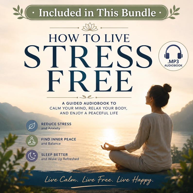 How to Live Stress Free guided meditation audiobook included in a 50+ Meditation & Relaxation Audiobooks MP3 Bundle. Mindfulness audio for stress relief, anxiety reduction, emotional balance, inner peace, relaxation, sleep improvement, and personal wellness. Digital MP3 download.
How to Live Stress Free audiobook.
Guided meditation audio for stress relief, inner peace, relaxation, mindfulness, and better sleep.