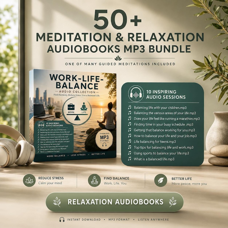 Work-Life Balance Audio Collection audiobook included in a 50+ Meditation & Relaxation Audiobooks MP3 Bundle. Guided audio sessions for reducing stress, improving work-life balance, mindfulness, productivity, emotional wellness, relaxation, and personal development. Digital MP3 audiobook download.
Meditation & Relaxation Audiobooks MP3 Bundle. "Work-Life Balance Audio Collection" audiobook displayed in a product mockup alongside headphones and a list of 10 inspiring audio sessions.
