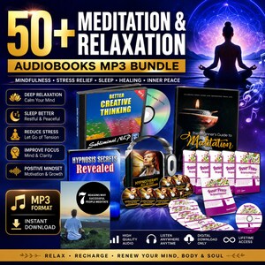 Collection of 50+ meditation and relaxation audiobooks in MP3 format featuring mindfulness, sleep meditation, hypnosis, calming audio sessions, and digital download bundle for stress relief and inner peace.
meditation audiobook bundle
guided meditation mp3
sleep relaxation audio
mindfulness audio collection
hypnosis meditation bundle
calming audiobook mp3
self care audio bundle
Calm Your Mind
Sleep Better 
Stress Relief
Inner Peace
Heal Your Mind
Relax Instantly
Deep Sleep Audio
Positive Energy