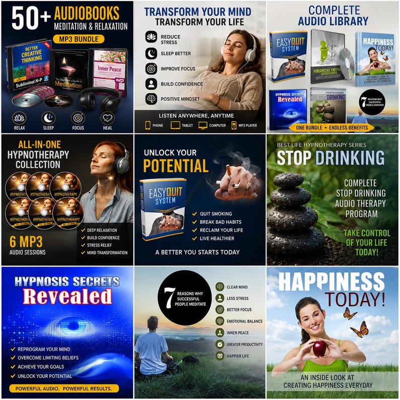 Relaxation and mindfulness audio books for stress relief, deep sleep, focus improvement, and calming meditation routines in MP3 format.
Guided meditation MP3 collection with relaxation audio, positive mindset 
sessions, hypnosis recordings, and peaceful listening experiences.
Large meditation and relaxation audio bundle including hypnosis MP3, mindfulness audiobooks, and stress relief listening collection.
hypnosis audio
subliminal mp3
inner peace
healing frequency
positive mindset