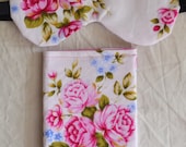 Pretty Pink & Magenta ROSES Passport Cover Or Coupon Organizer PLUS Matching Triple Layer Cotton Eye Mask