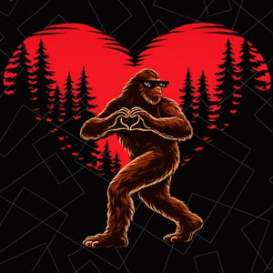May include: A brown Bigfoot illustration wearing sunglasses, forming a heart shape with its hands. The background features a red heart shape with trees and a black geometric pattern.