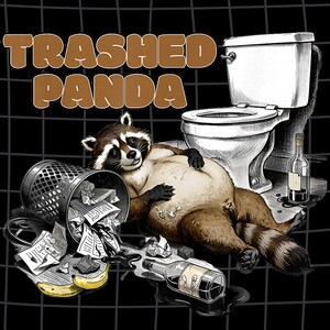 May include: An illustration featuring a raccoon lying on a bathroom floor, with a toilet, trash can, and bottles. The words "Trashed Panda" are in brown above the raccoon. The background is black with a grid pattern.