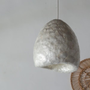 May include: A pearlescent, egg-shaped pendant light fixture. The light has a textured surface with a cracked appearance, and it hangs from a thin, white cord. The fixture is a neutral color, suitable for various interior design styles.