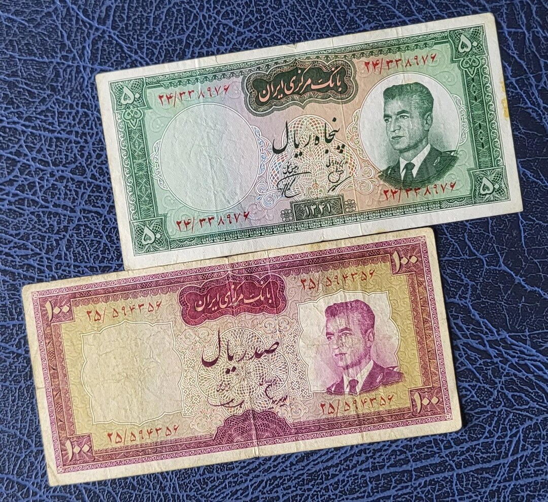 50 and 100 Rials 1962- 1965 Persian Notes Pilot Attire F to VF Quality ...