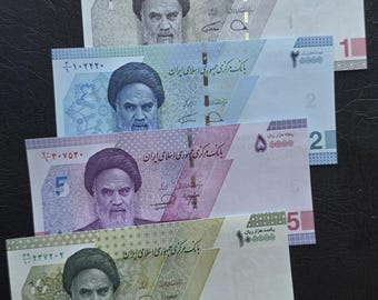 Set of 10000, 20000, 50000 and 100000 Rials 2023- 2025 New Version Gem Uncirculated UNC (four notes)