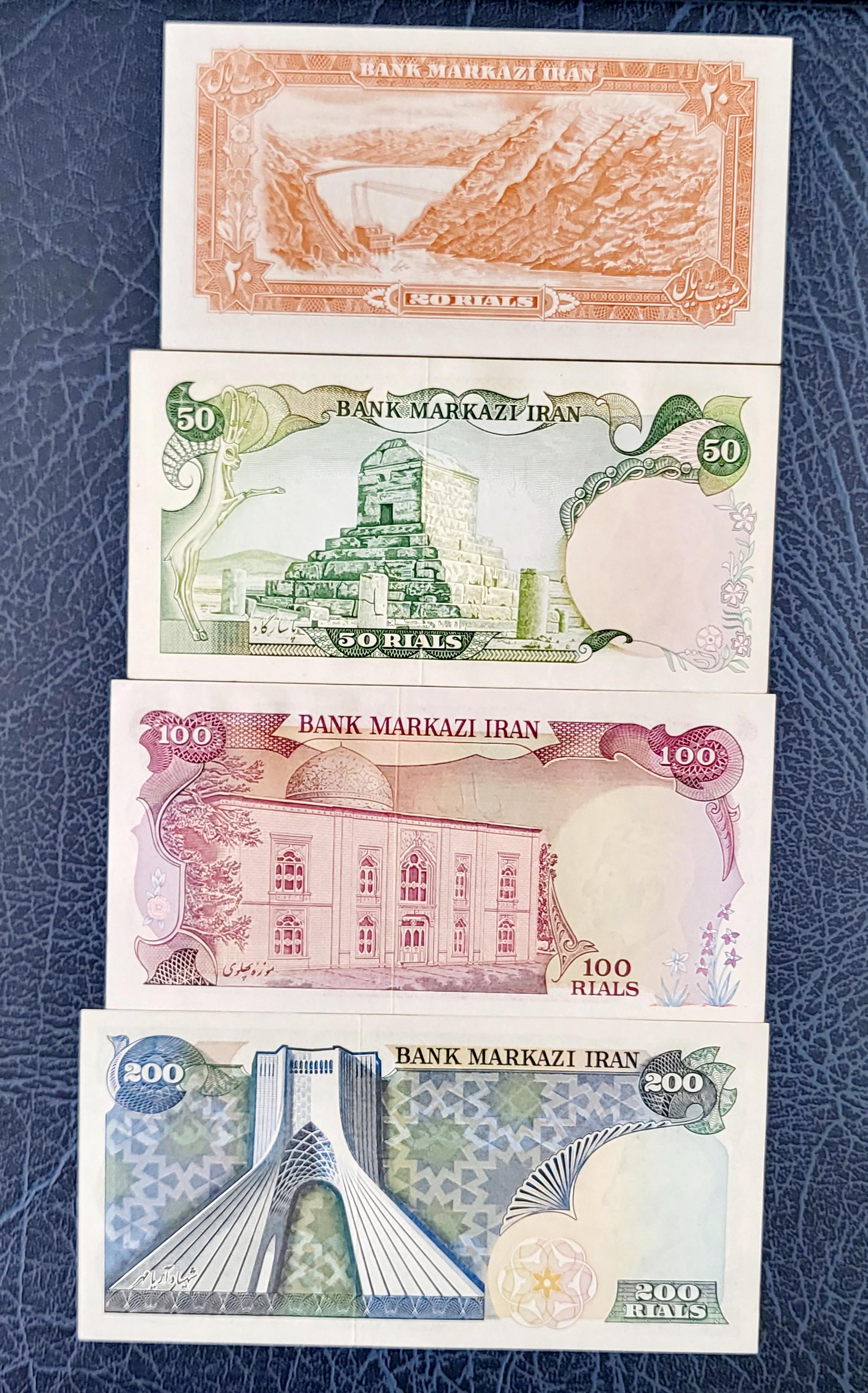 Set of 20, 50, 100, and 200 Rials Pahlavi Shah Persian Notes ...