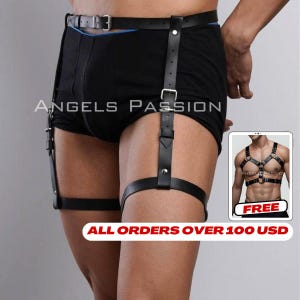 Mens Thigh Harness, Burning Man Dance and Gifts, Leather Mens Leg Strap, Gift for Him or Boyfriend, Leather Lingerie, Gay Harnes Lingerie