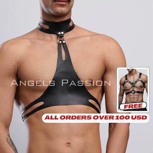 Mens Leather Lingerie Chest Harness, Leather Top Mens Chest Harness, Sexy Gay Harness, Bold Leather Lingerie Accessory for Mens.