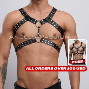 Mens Leather Lingerie Chest Harness - Gay Sexy and Stylish  Leather Top Harness for Mens