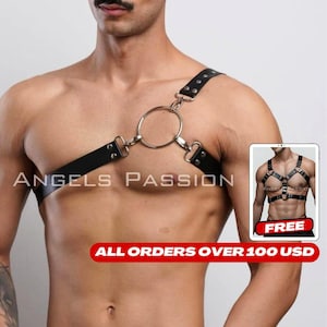 Mens Leather Lingerie Chest Harness, Leather Top Chest Harness for Mens, Sexy Gay Harness, Stylish and Bold Leather Accessory.