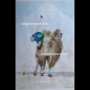 Camel Polo, pittura cammello, gioco Polo Camel, pittura originale a matita e acquerello