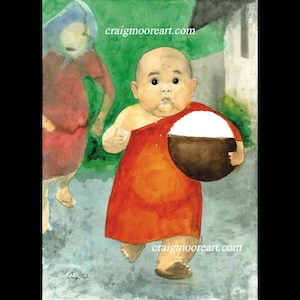 Fast Food, kids monk, Funny painting,  Original pencil watercolor paint