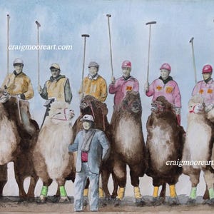 La squadra di polo del cammello mongolo, pittura del cammello, gioco del polo del cammello, pittura originale a matita e acquerello