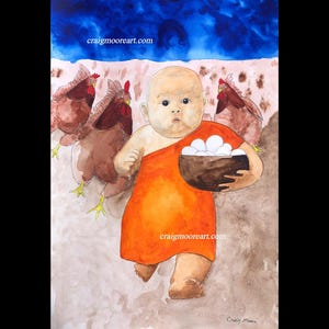 Out Numbered, kids monk, Funny painting,  Original pencil watercolor paint