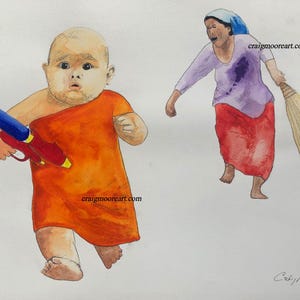 Grandmother And Songkran, kids monk, Funny painting,  Original pencil watercolor paint