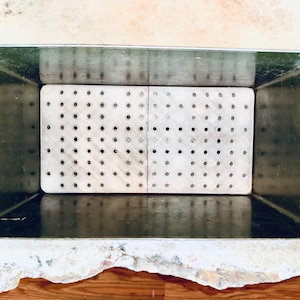 May include: A green metal box with a removable metal insert. The insert has a grid of small holes.