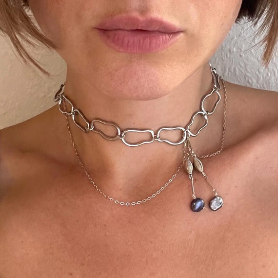 Choker echte Süßwasserperlen Kette, Siren, Metall Glieder Perlenkette, Fee, Bold Statement Perlenkette, Geschenk, mystisch, Grunge, y2k
