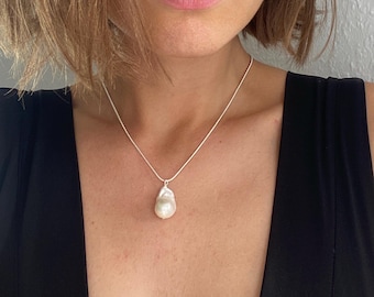 925 Sterling Zilveren Echte XXL Zoetwaterparelketting, Verjaardag, Elegante Ketting, Barokparel, Bruiloft, Cadeau voor Bruidsmeisjes, Parelketting