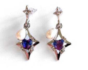 Orecchini a forma di cuore e stella viola, acciaio inossidabile argentato, orecchini di perle d'acqua dolce, orecchini di perle, grunge, punk, regalo di compleanno, Natale