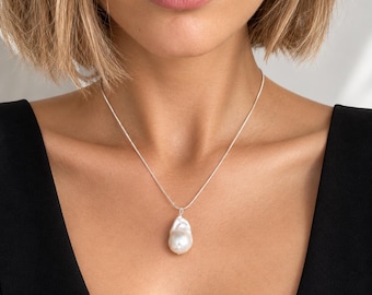 925 Sterling Silver Genuine XXL Freshwater Pearl Necklace, Birthday, Elegant Necklace, Baroque Pearl, Wedding, Bridesmaid Gift, Pearl Necklace