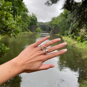 Pu&ograve; includere: Una mano che indossa tre anelli, tra cui un anello di fidanzamento con una pietra preziosa verde chiaro. Gli anelli sono color argento. Lo sfondo presenta un ponte di pietra su un corso d'acqua, circondato da una vegetazione lussureggiante sotto un cielo nuvoloso.