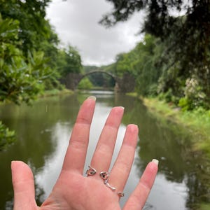 Pu&ograve; includere: Una mano che mostra tre anelli d'argento con design unici. Lo sfondo presenta una vista panoramica di un ponte sull'acqua, circondato da una vegetazione lussureggiante sotto un cielo nuvoloso.