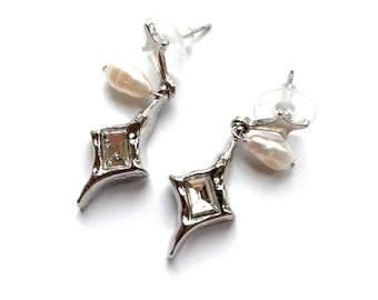 Orecchini a forma di stella cadente y2k, acciaio inossidabile argentato, orecchini di perle d'acqua dolce, orecchini di perle, grunge, punk, regalo di compleanno, Natale