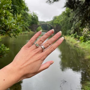 Pu&ograve; includere: Una mano che indossa due anelli d'argento, uno con una pietra verde. Gli anelli sono esposti sullo sfondo di un ponte di pietra sull'acqua, circondato da vegetazione lussureggiante. La scena &egrave; ambientata all'aperto in una giornata nuvolosa.