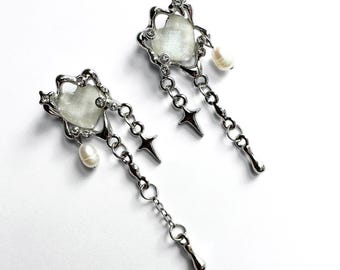 Orecchini di perle d'acqua dolce con stella - Orecchini pendenti Y2K in acciaio inossidabile, argento cromato - Regalo di gioielli retrò grunge Stella di perle d'acqua dolce