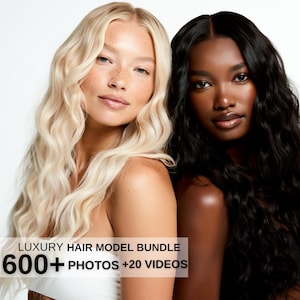 May include: Two women with long, wavy hair. One has blonde hair and fair skin, the other has black hair and dark skin. The image includes the text "LUXURY HAIR MODEL BUNDLE 600+ PHOTOS +20 VIDEOS".