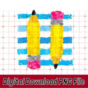 Peut inclure: Une illustration numérique de deux crayons jaunes avec des gommes roses et des viroles métalliques grises, placés verticalement sur un fond de rayures bleues à l'aquarelle et une grille rouge, avec le texte Digital Download PNG File.