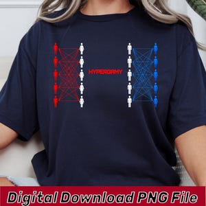 May include: A navy blue t-shirt featuring a graphic print with the text HYPERGAMY in red. The design displays two sets of stick figures connected by red and blue lines, illustrating a complex network of relationships on the front of the garment.