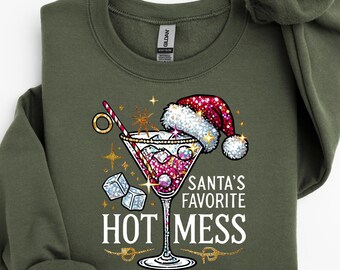 Santa's Hot Mess Sweater, Christmas Martini Hoodie, Faux Glitter Christmas Drink Sweater,Christmas Party Sweatshirt, Drink Sweater For Women