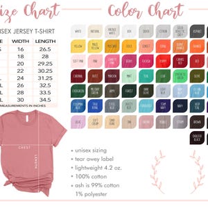 May include: A size and color chart for a unisex jersey t-shirt. The size chart lists measurements in inches, with sizes ranging from XS to 4XL. The color chart displays a variety of colors, including white, yellow, pink, and green.