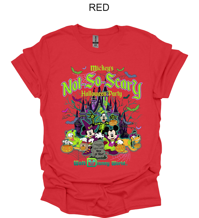 May include: Red t-shirt featuring a Halloween design with Mickey Mouse, Donald Duck, Goofy, and Pluto. The graphic includes a haunted castle, bats, and the text "Mickey's Not-So-Scary Halloween Party" and "Walt Disney World."