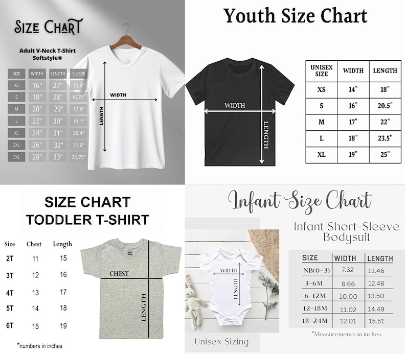 May include: A size chart for various t-shirts and bodysuits, including adult V-neck, youth, toddler, and infant sizes. Measurements are in inches, with width, length, and sleeve dimensions provided for each size. The chart includes unisex sizing.