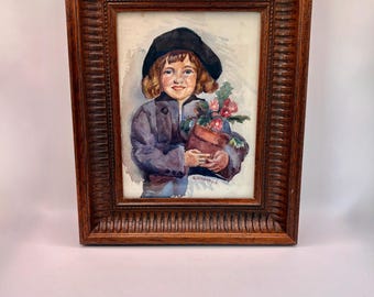 Original Watercolor Painting E. Wright | Boy with Flowers, Carved Oak Frame