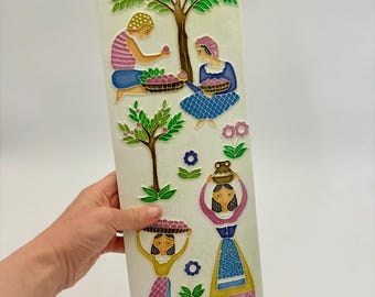 Vintage Creazioni Luciano Italy Ceramic Wall Plaque Folk Art Women Harvest 38cm