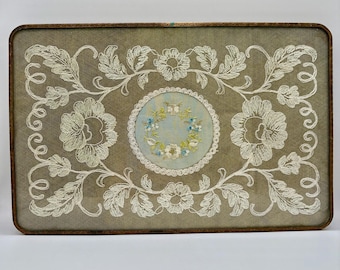 Gorgeous Vintage Brass And Glass Dressing Table Embroidered Tray With A Beautiful Pattern