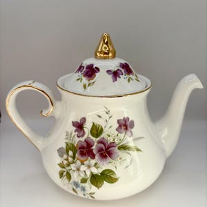 Vintage English Ironstone Teapot, Violet Bouquet Floral Design, Gold Gilt Decor