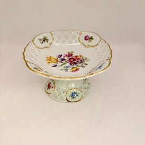 Dresden Porcelain Footed Dish, GDR Germany Lattice Rim, Floral Vintage