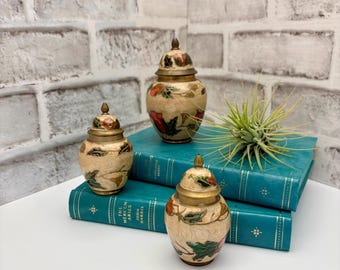 Vintage Brass Cloisonne Floral Ginger Jars Set – Chinoiserie Urns (8-10cm)