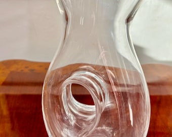 Vintage Clear Glass Donut Hole Pitcher Modernist Circular Handle Carafe