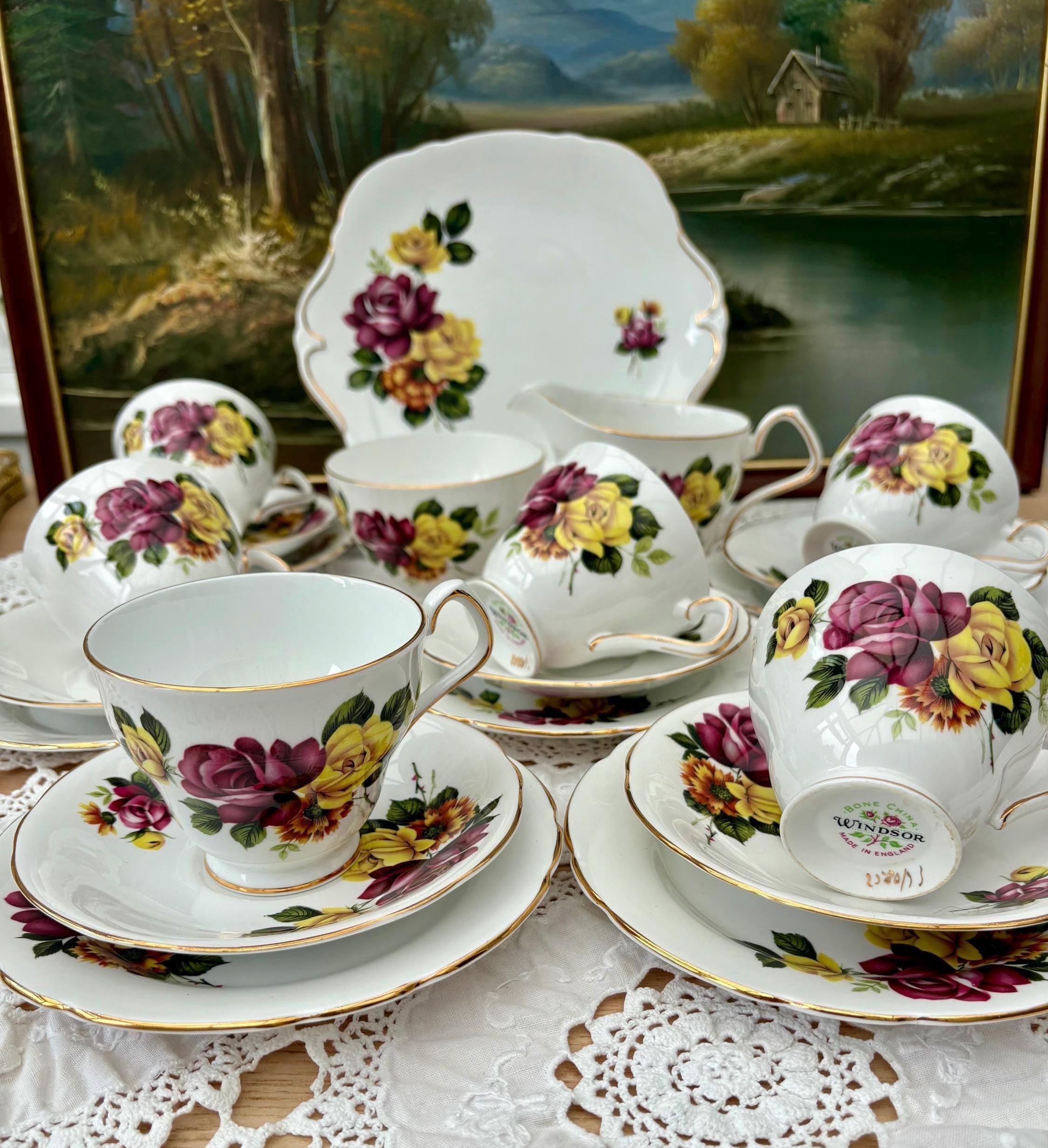 Royal Windsor Bone China Tea Set | Vintage Pink Yellow Rose Floral Tea Party Set