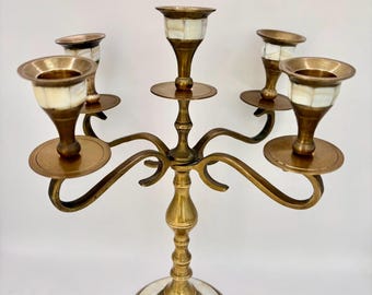 Brass Candelabra 5 Arm Candle Holder Mother of Pearl Inlay Vintage Ornate Hollywood Regency Centerpiece